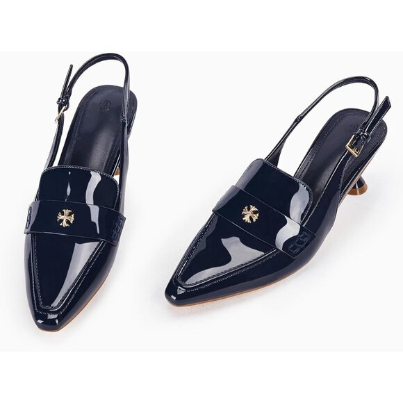 Women's Navy Blue Pointed Toe Sandals Kitten Heel Pumps Slip On Ankle Buckle - Picture 5 of 8